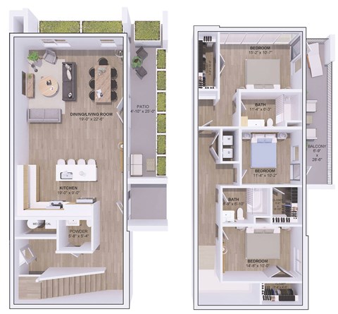 Two floor plans of a house with labeled rooms and dimensions.