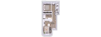 A floor plan of a small apartment with a bedroom, bathroom, kitchen/living room, and closet.