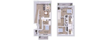 A floor plan of a two-bedroom apartment with a living room, kitchen, and bathroom.