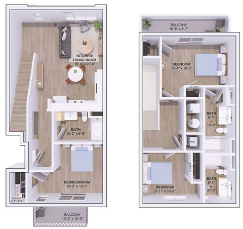 A floor plan of a two-bedroom apartment with a living room, kitchen, and bathroom.