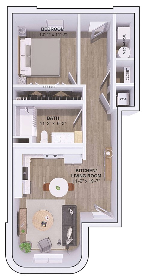 A floor plan of a small apartment with a bedroom, bathroom, kitchen/living room, and closet.
