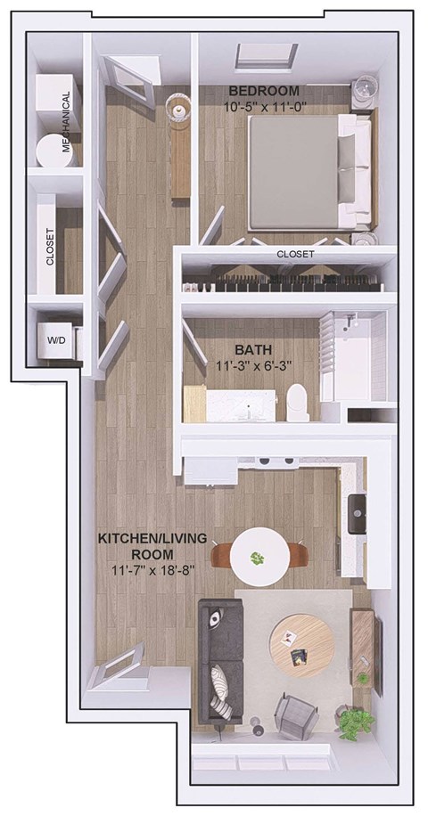 A floor plan of a small apartment with a bedroom, bathroom, kitchen/living room, and closet.