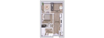 A floor plan of a small apartment with a living room, kitchen, sleeping area, bathroom, and closet.
