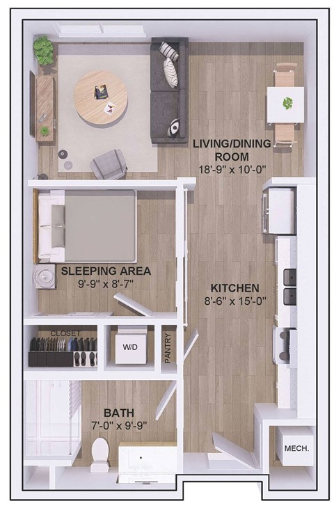 A floor plan of a small apartment with a living room, kitchen, sleeping area, bathroom, and closet.