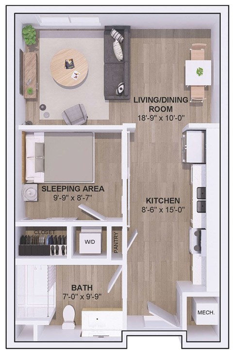 A floor plan of a small apartment with a living room, kitchen, sleeping area, and bathroom.