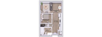 A floor plan of a small apartment with a living room, kitchen, sleeping area, and bathroom.