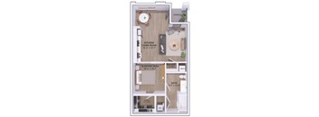 A floor plan of a small apartment with a kitchen, living room, sleeping area, bathroom, and closet.