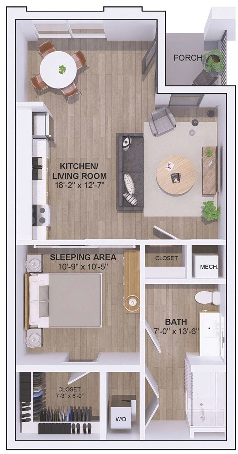 A floor plan of a small apartment with a kitchen, living room, sleeping area, bathroom, and closet.