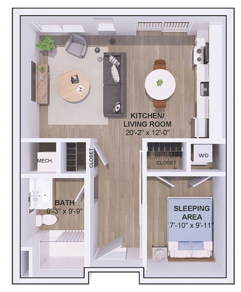 A floor plan of a small apartment with a kitchen, living room, bathroom, and bedroom.