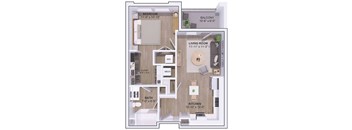 A floor plan of a house showing a bedroom, bathroom, kitchen, living room, and balcony.