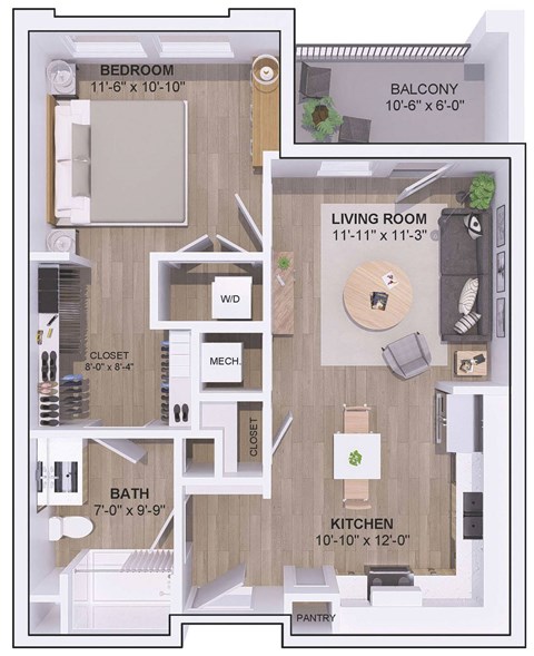 A floor plan of a house showing a bedroom, bathroom, kitchen, living room, and balcony.
