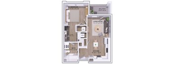 A floor plan of a house showing a bedroom, bathroom, kitchen, living room, and balcony.