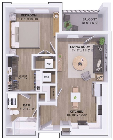 A floor plan of a house showing a bedroom, bathroom, kitchen, living room, and balcony.