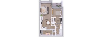 A floor plan of a house showing a living room, kitchen, dining room, bedroom, bathroom, and porch.