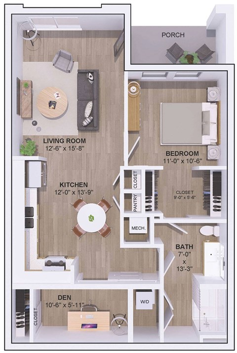 A floor plan of a house showing a living room, kitchen, dining room, bedroom, bathroom, and porch.