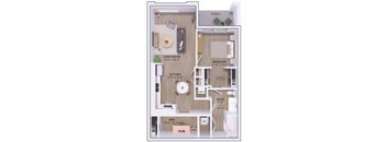 A floor plan of a small apartment with a living room, kitchen, bedroom, bathroom and den.