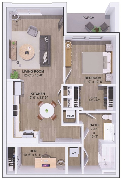 A floor plan of a small apartment with a living room, kitchen, bedroom, bathroom and den.