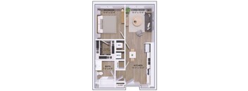 A floor plan of a small apartment with a bedroom, living room, kitchen, bathroom, and pantry.