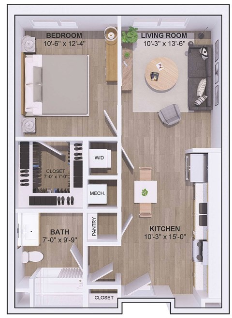 A floor plan of a small apartment with a bedroom, living room, kitchen, bathroom, and pantry.