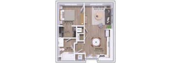 A floor plan of a small apartment with a living room, kitchen, bedroom, bathroom, and closet.