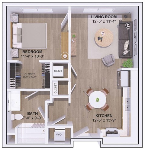 A floor plan of a small apartment with a living room, kitchen, bedroom, bathroom, and closet.