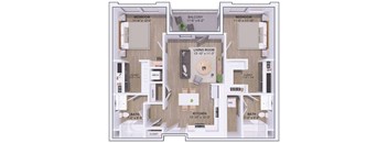 A floor plan of a two-bedroom apartment with a living room, kitchen, and bathroom.