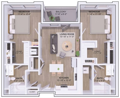A floor plan of a two-bedroom apartment with a living room, kitchen, and bathroom.
