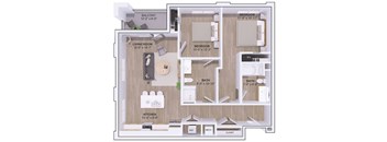 A floor plan of a house with a living room, kitchen, two bedrooms, a balcony, and two bathrooms.