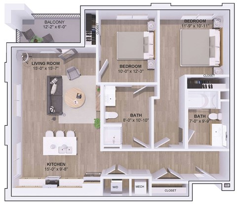 A floor plan of a house with a living room, kitchen, two bedrooms, a balcony, and two bathrooms.