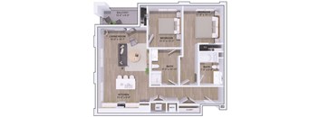 A floor plan of a house with a living room, kitchen, two bedrooms, a bathroom, and a balcony.