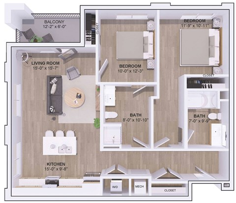 A floor plan of a house with a living room, kitchen, two bedrooms, a bathroom, and a balcony.