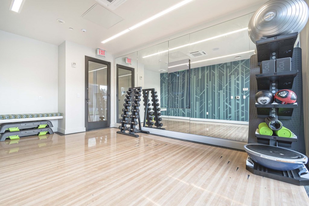 a workout room with weights and mirrors in a gym