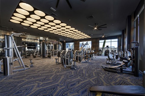 A gym with a variety of equipment including treadmills, weights, and exercise machines.