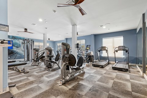 A spacious gym with a variety of equipment including treadmills, elliptical machines, and a rowing machine.