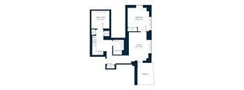 A floor plan of a house with a home office, bedroom, and living room.