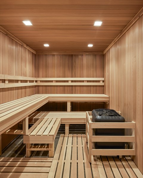 a sauna with benches and wooden bench