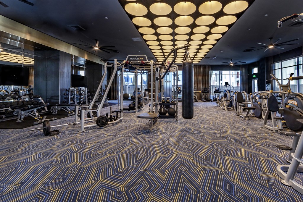 A gym with a variety of equipment and a patterned carpet.
