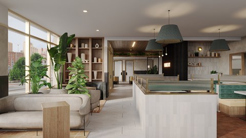 A modern living room with a pool table and a kitchen area.