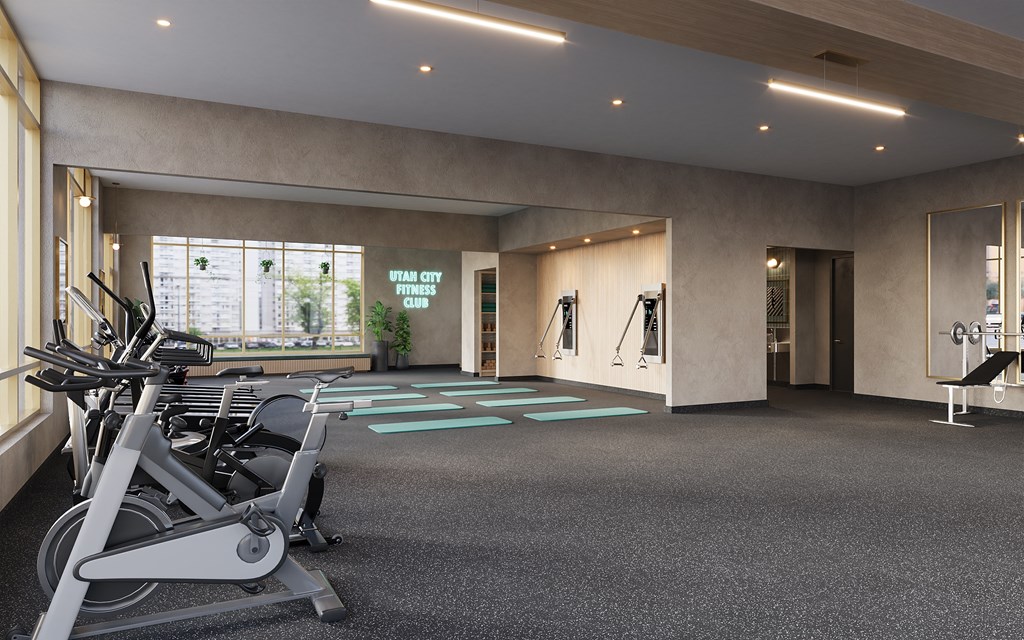 A gym with a row of exercise bikes and a sign that says "Star City Fitness".