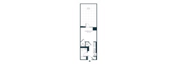 A floor plan of a room with a kitchen area and a bathroom.
