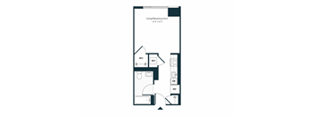 A floor plan of a living/sleeping area with dimensions and labeled rooms.