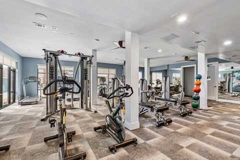 A spacious gym with a variety of equipment including treadmills, elliptical machines, and weight machines.