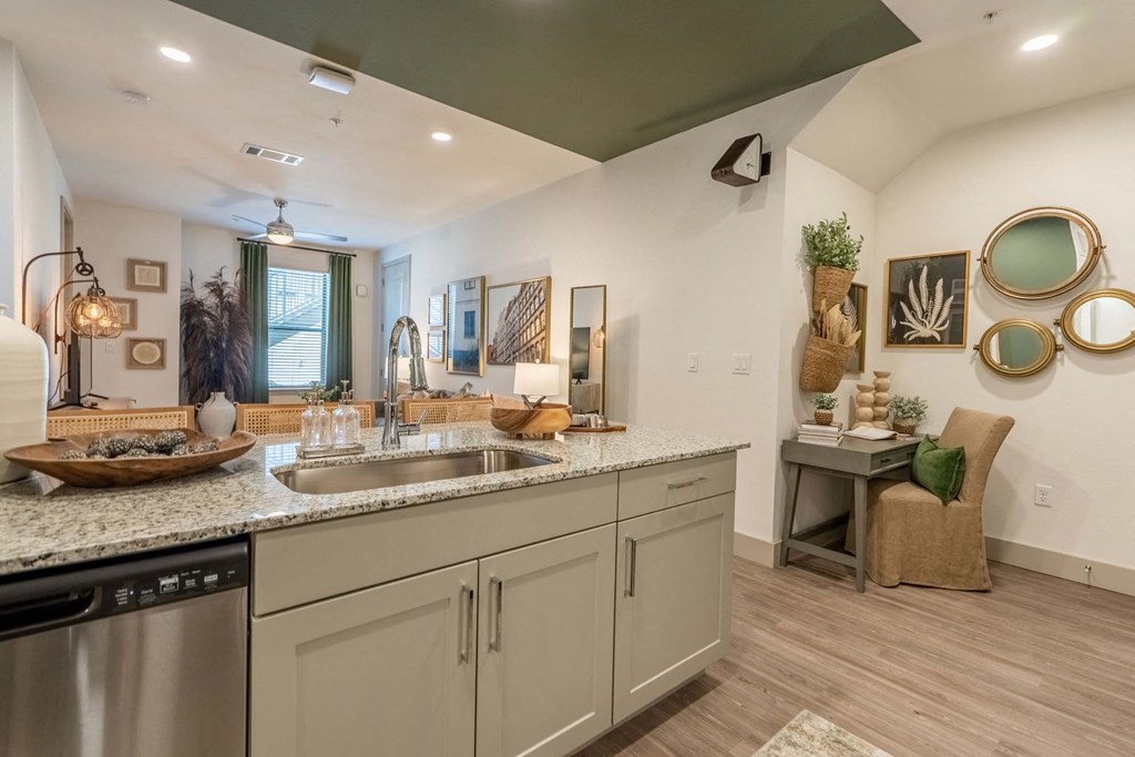 a kitchen with a sink and a dishwasher and a living room
