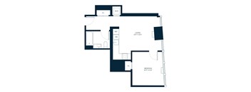 A floor plan of a living room, dining room, and bedroom.