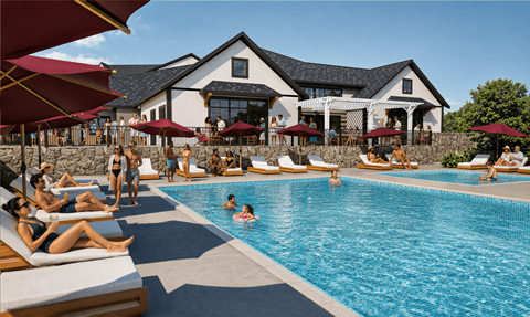 A group of people are sunbathing and relaxing by a pool.