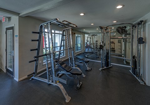 A gym with a variety of equipment including a leg press machine. Un gimnasio con una gran variedad de máquinas, entre las que se incluye una máquina de prensa de piernas.