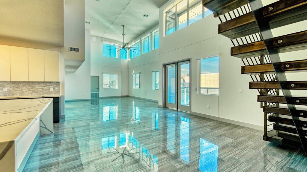 living room with staircase