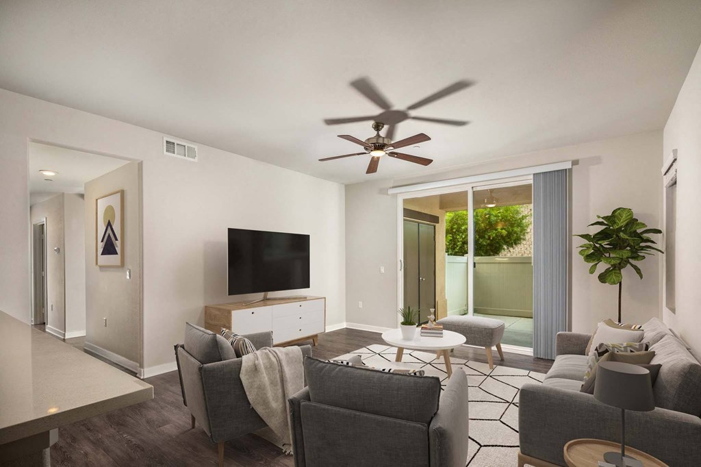 Living room with white walls and a ceiling fan  at Lakeview 88, Spring Valley, 91977