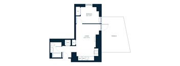 A floor plan of a house with a bedroom, living room, and bathroom.
