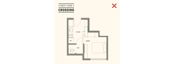 Salt Lake Crossing floor plan with kitchen, bath, and bedroom.